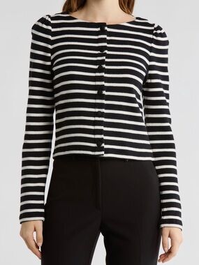 Elie Tahari Black and White Striped Button-Front Cardigan
